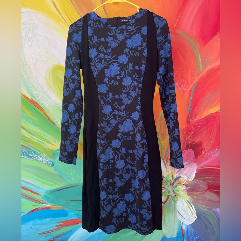 Elegant DRESS (black and blue floral pattern) long sleeved